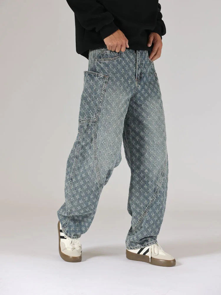 men brand fashion loose casual splice pocket jacquard vintage wide leg baggy jeans cityboy denim baggy jeans pants trousers unique jeans style 2849