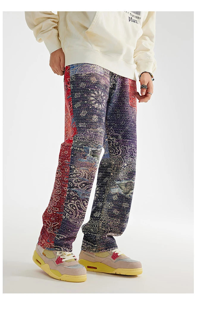 hip hop paisley printed denim jeans mens new casual zipper straight jeans streetwear high street loose pants baggy jeans joggers unique joggers style 1391