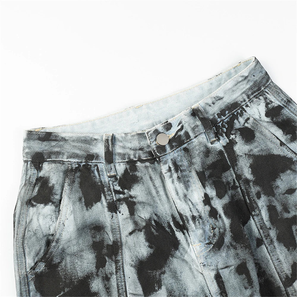 vintage dirty tie dye baggy jeans men multi pocket loose white straight jeans trousers luxury designer oversized denim pant unique jeans style 1931