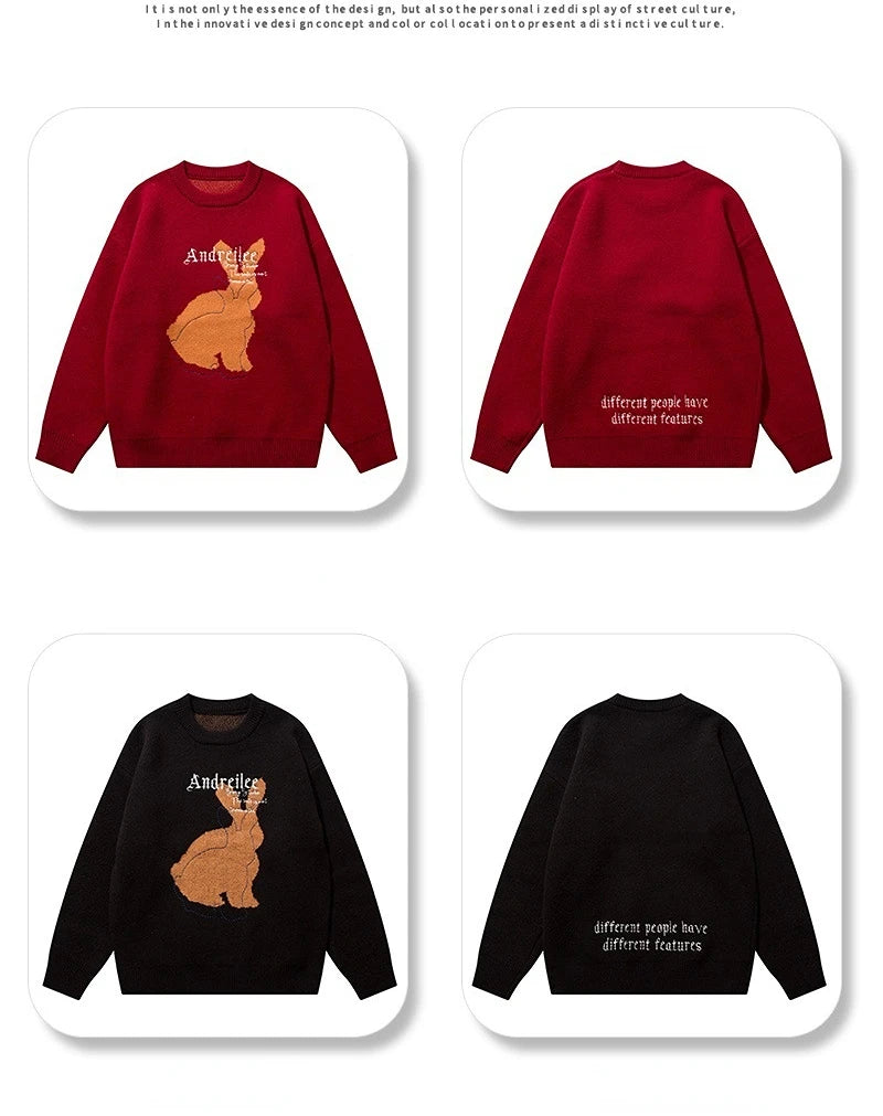 Men Harajuku Sweater Cartoon Duck Goose Embroidery Knitted Pullover Japanese College Style O-Neck Jumper Unisex Spring Autunm Street King Limited
