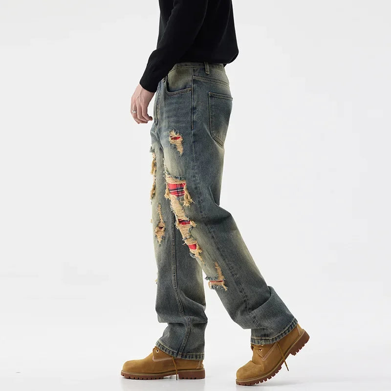 men broken hole patch loose casual plus size straight ripped denim pants jeans man streetwear fashion baggy jeans trousers unique jeans style 3037