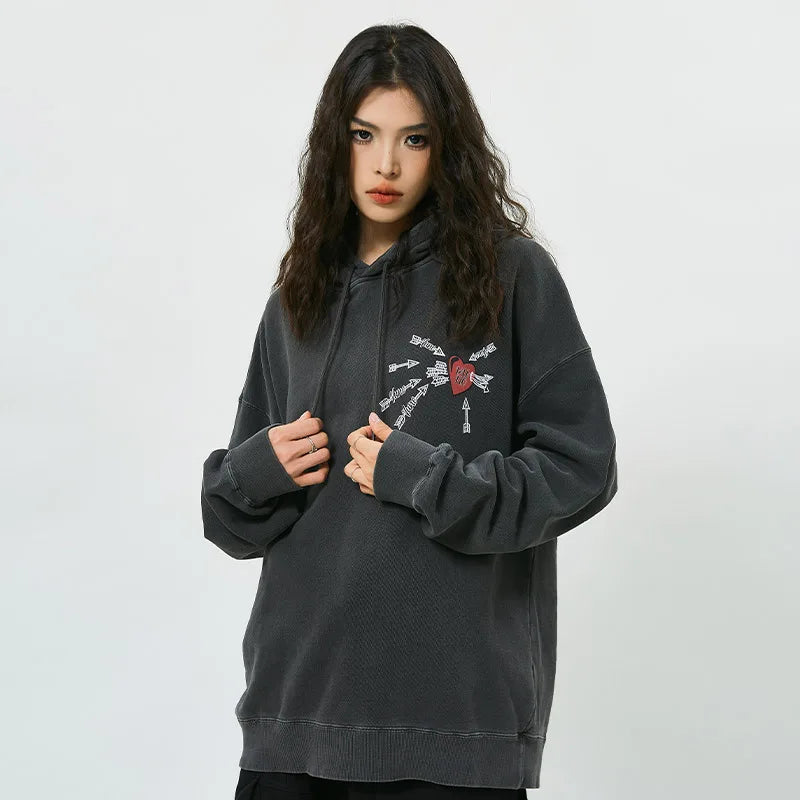Streetwear Men Arrow Shooting Heart Graphic Letter Print Hoodies Autumn Trendy Rib Sleeve Hooded Sweatshirt Oversized 3 Colors Street King Limited