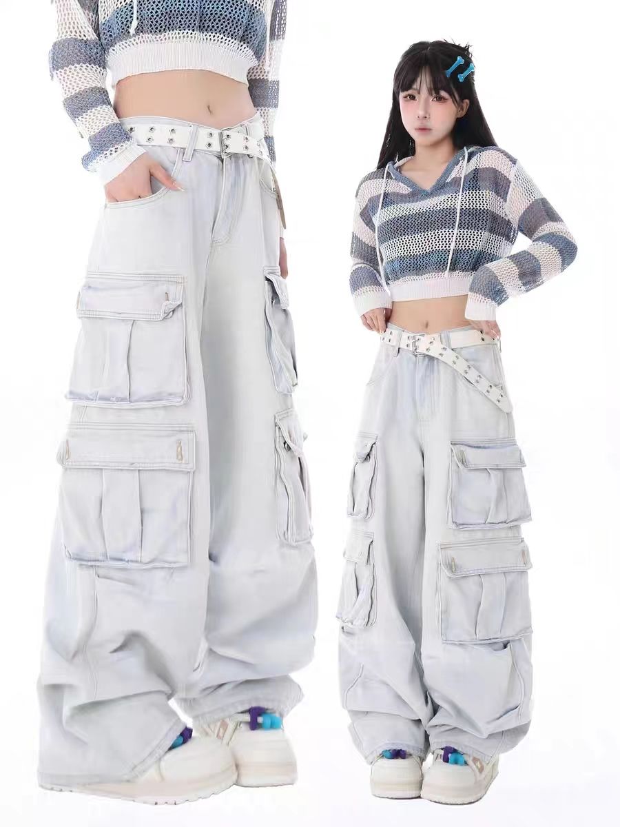 New street straight denim cargo pants overalls with multiple pockets casual wide leg mops jeans women y2k pants vintage clothes Street King Limited