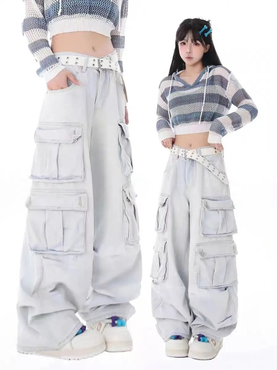 New street straight denim cargo pants overalls with multiple pockets casual wide leg mops jeans women y2k pants vintage clothes Street King Limited