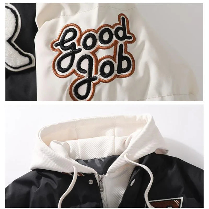 Winter Warm Parka Men Women Hooded Patchwork Baseball Jackets Embroidered Loose Casual Cotton-padded Fashion Outwear Couple New Street King Limited