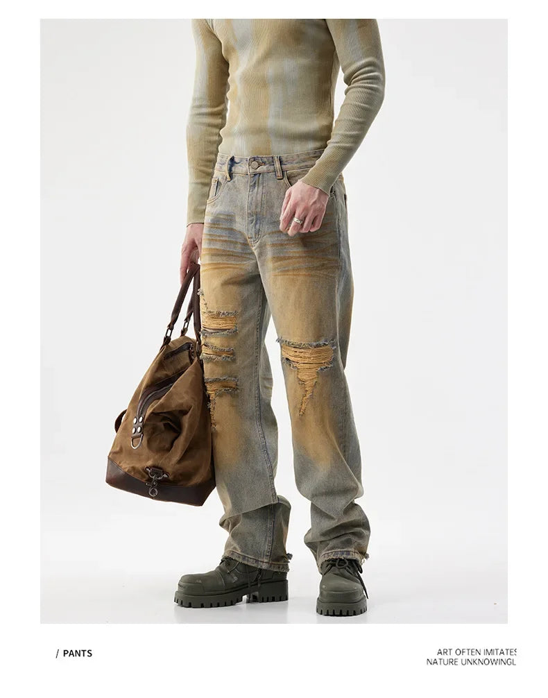 men patch hole distressed plus size denim pant ripped jeans streetwear fashion hip hop vibe loose casual baggy jeans trousers 40 unique jeans style 3081