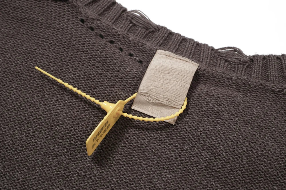 Undermycar 2023 New High Street Fashion Brand Worn Out Hole Large Loose Round Neck Sweater Brown Street King Limited
