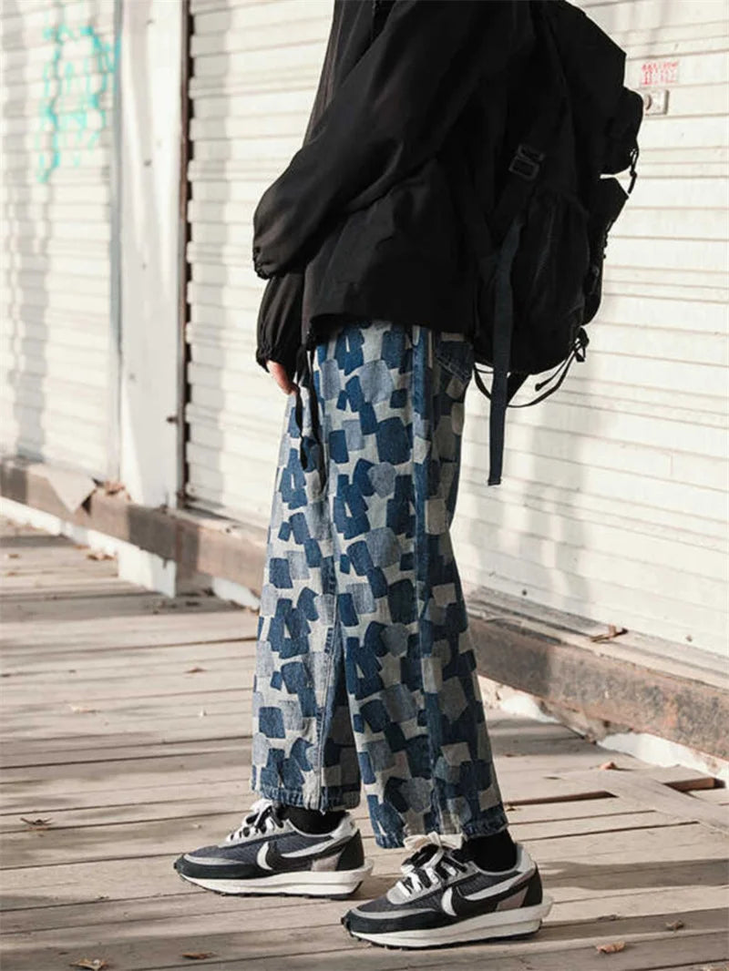 american plaid straight jeans mens casual streetwear printed denim pants autumn baggy classic wide leg retro y2k jean trousers unique jeans style 900
