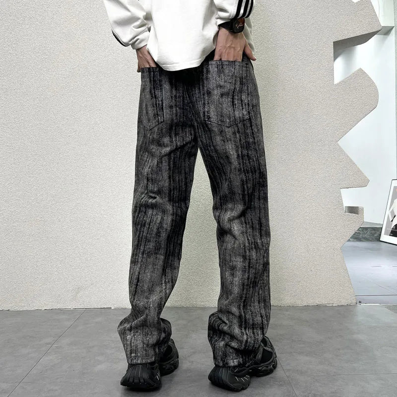 mens streetwear fashion hip hop vibe casual retro tie dyed denim pant jeans cityboy black gray straight jeans trousers vintage washed jeans
