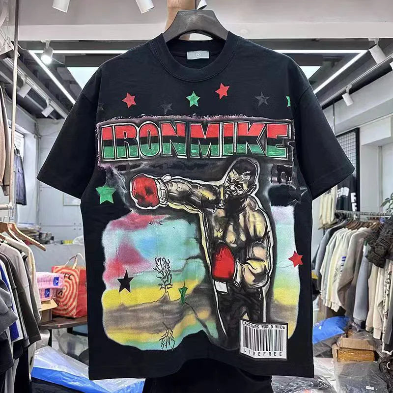Summer New Chaopai Boxer Letter Print T-shirt Men Woman 1:1 Best Quality Loose Versatile Vintage O-Neck Tops Tee Street King Limited