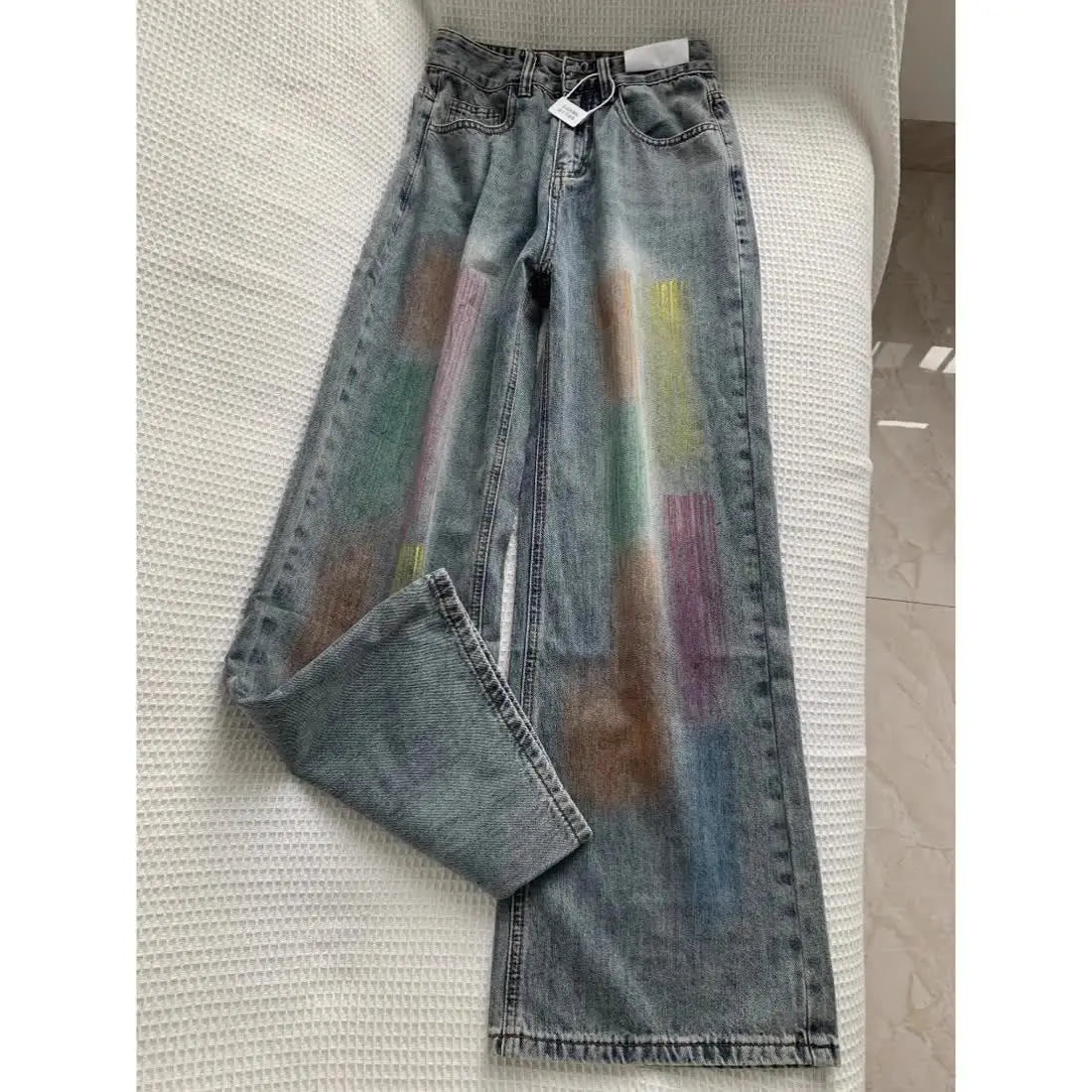 american retro personalized trend color gradient jeans for men and women new washed straight leg micro flared casual pants y2k stacked flare jeans