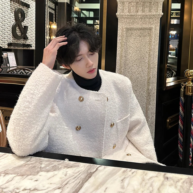 men french fashion retro double breasted woolen loose casual short jacket man autumn winter korean streetwear thicken coat top summer street shorts