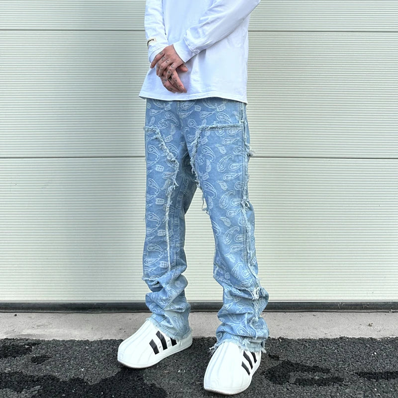 vintage high street washed light blue flared jeans cashew flower jacquard pattern rough edge jeans pants for men and women unique jeans style 917