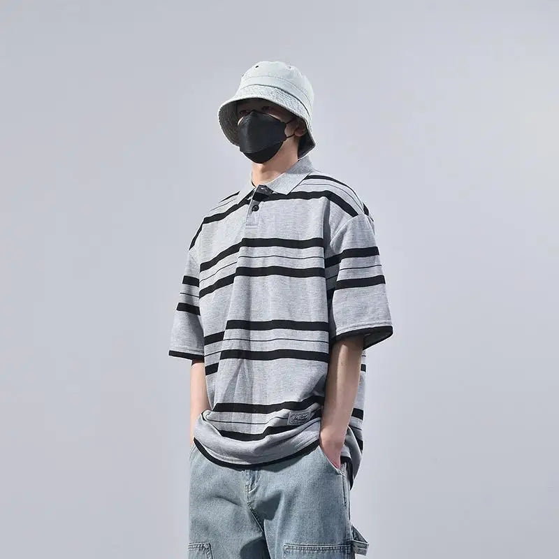 Summer Korean Personalized Men's Retro POLO Shirt Gray and Black Striped Breathable Men's Women's Y2K Summer Half-sleeved Top Street King Limited