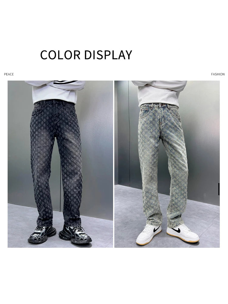 Men Wide Leg Denim Pants High Street American Retro Jacquard Loose Straight Jeans Y2K Fashion Streetwear Baggy Trousers Street King Limited