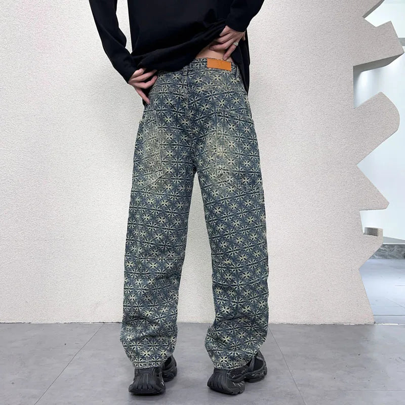 men jacquard loose casual hip hop vibe splice pocket denim baggy jeans pants man streetwear ripped jeans trousers boyfriend denim street jeans