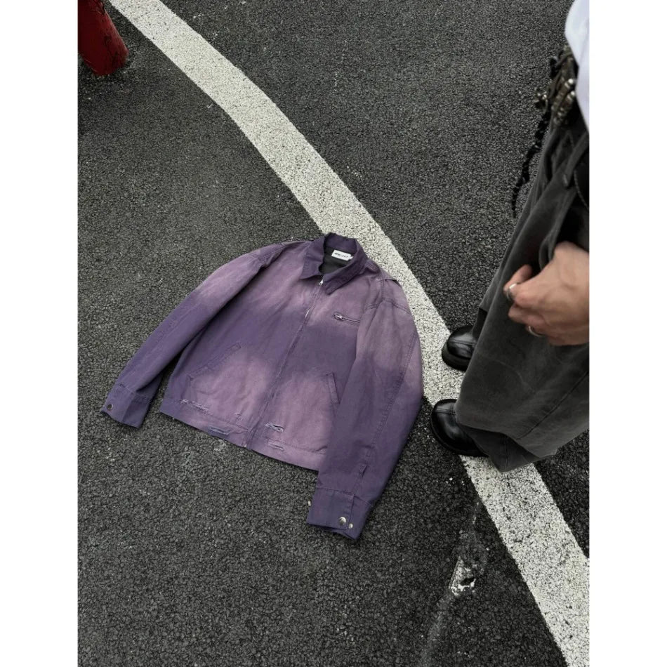 y2k hip hop gradient jacket mens tooling canvas high street lapel short coats washed retro motorcycle outwear trend 2024 new unique shorts style 3783