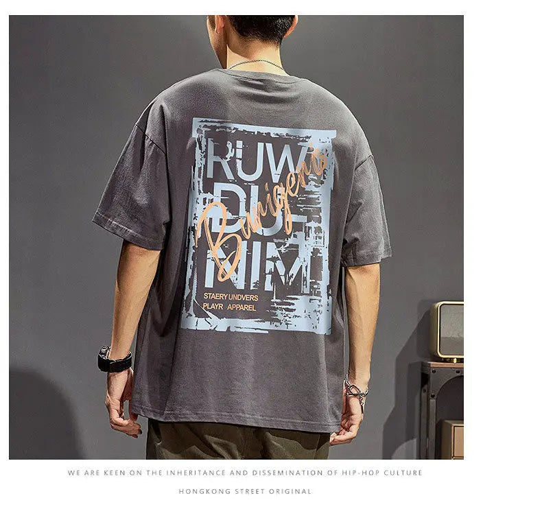 Cotton short-sleeved t-shirt men's ins trendy summer American hip-hop national trend printed loose youth white tops men clothing Street King Limited