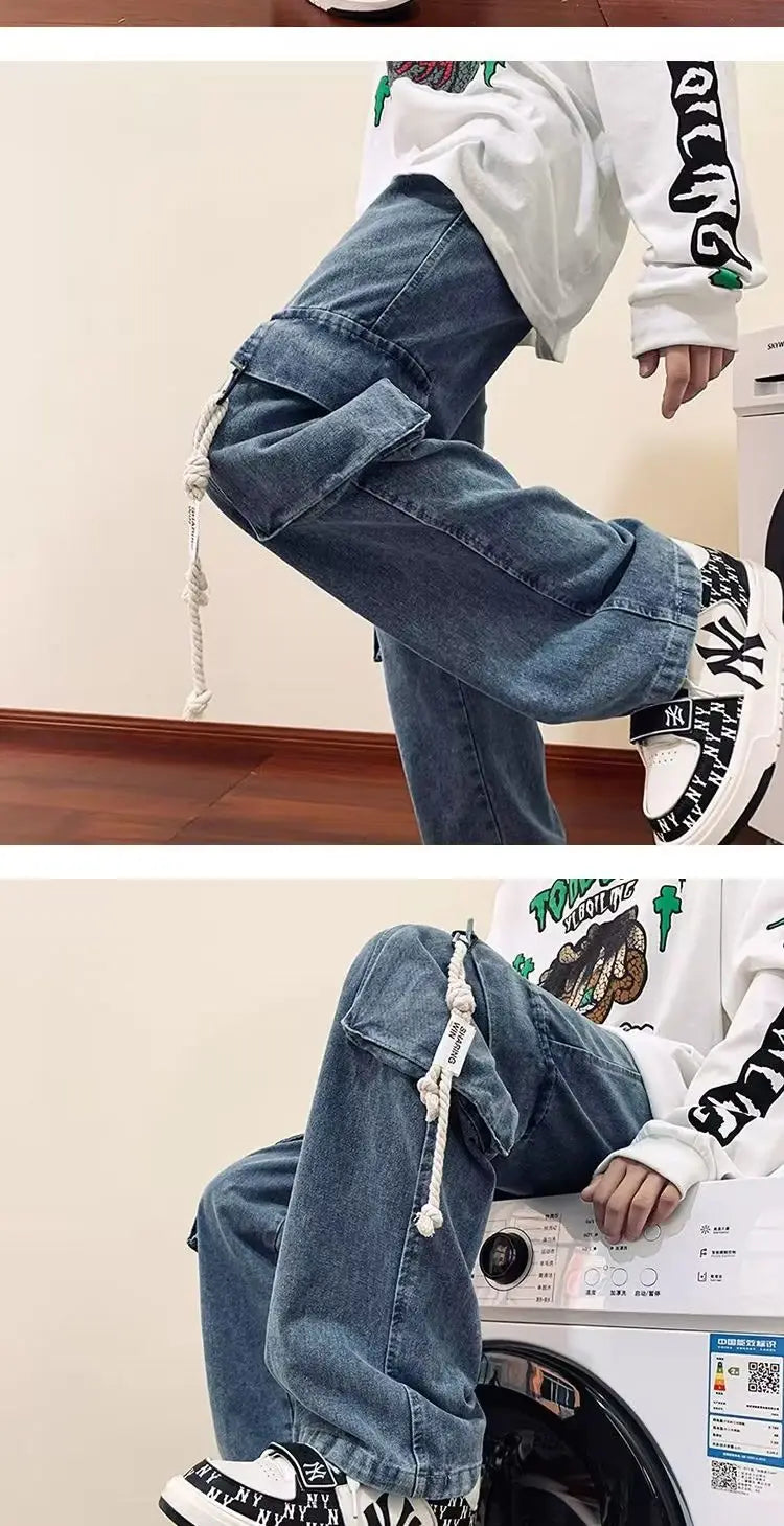 american retro and personalized straight leg jeans for men and women with hiphop big pocket design work pants loose casual pants unique jeans style 760