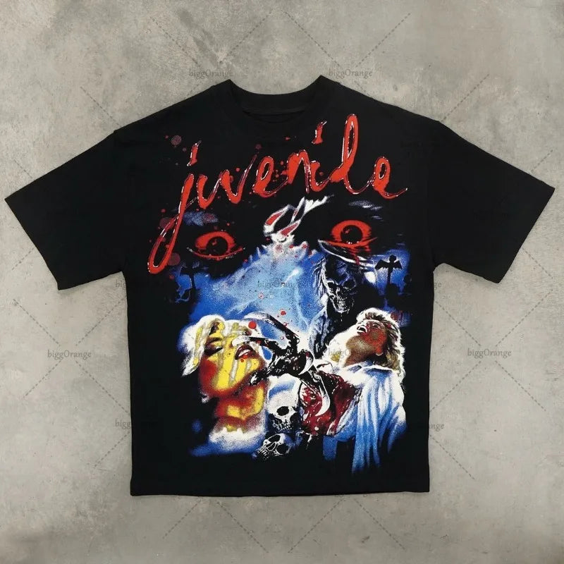 Trendy Brand Rock Punk Streetwear Y2K Harajuku Gothic Retro Pattern Printed Oversized T-shirt Men American Hip-hop Casual Tops Street King Limited