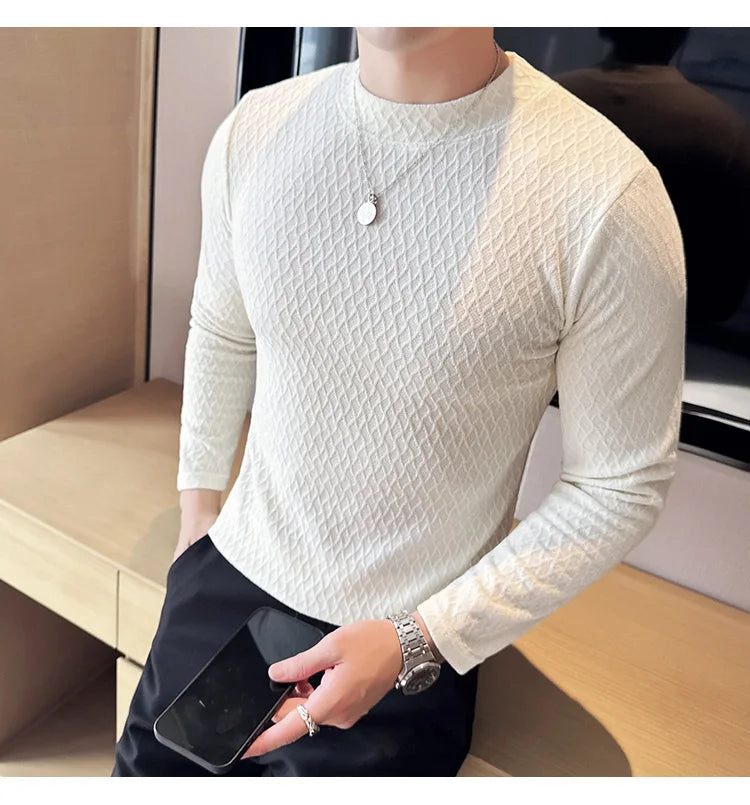 Autumn Winter Semi-turtleneck Stretch Slim Fit Long Sleeve Tshirt Men Thicken Velvet Jacquard Casual T-shirt Bottom T Shirt Street King Limited