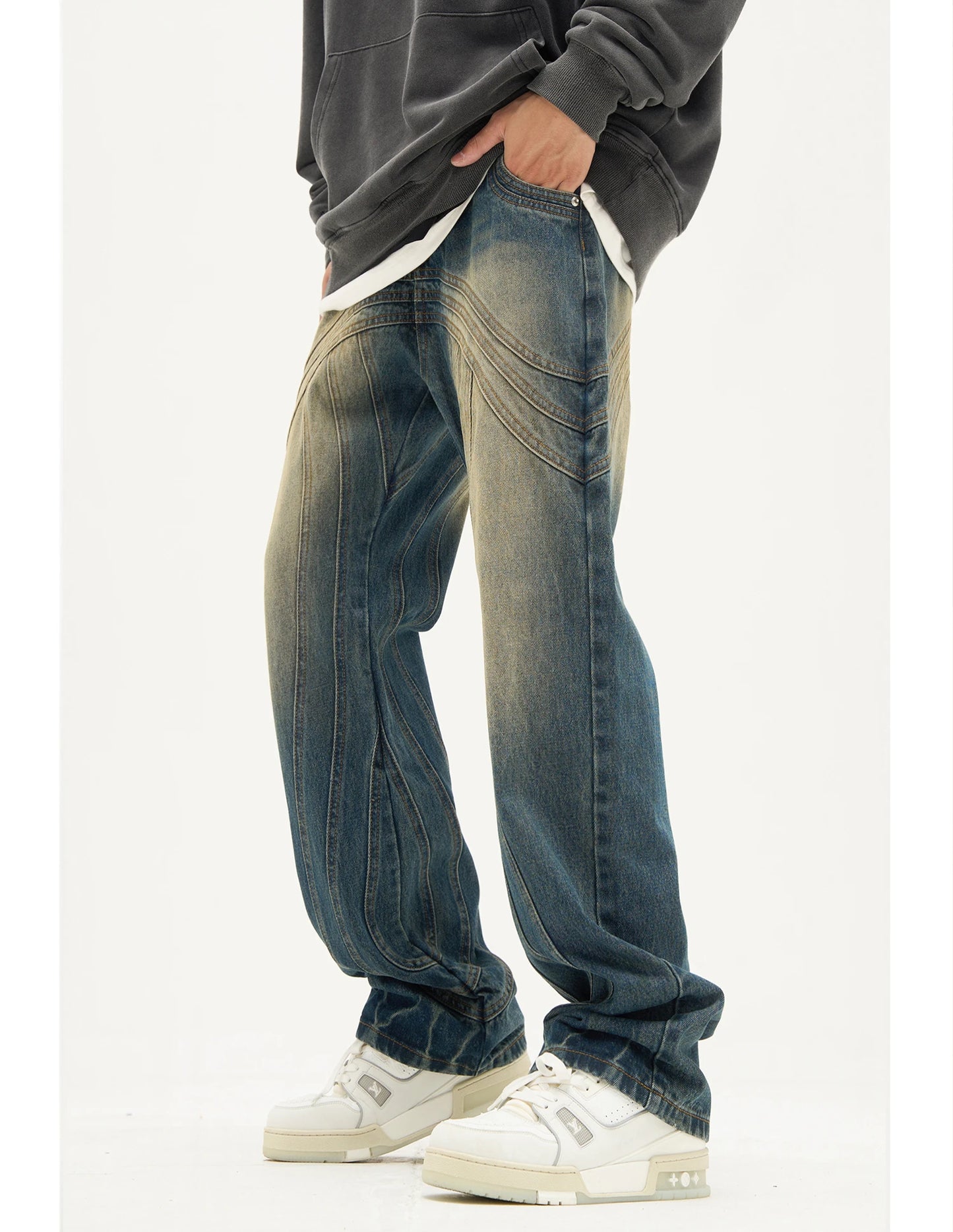 mens retro washed denim jeans loose straight pants 2023 new fashion streetwear trousers hip hop casual zipper jean pants joggers unique joggers style 1481