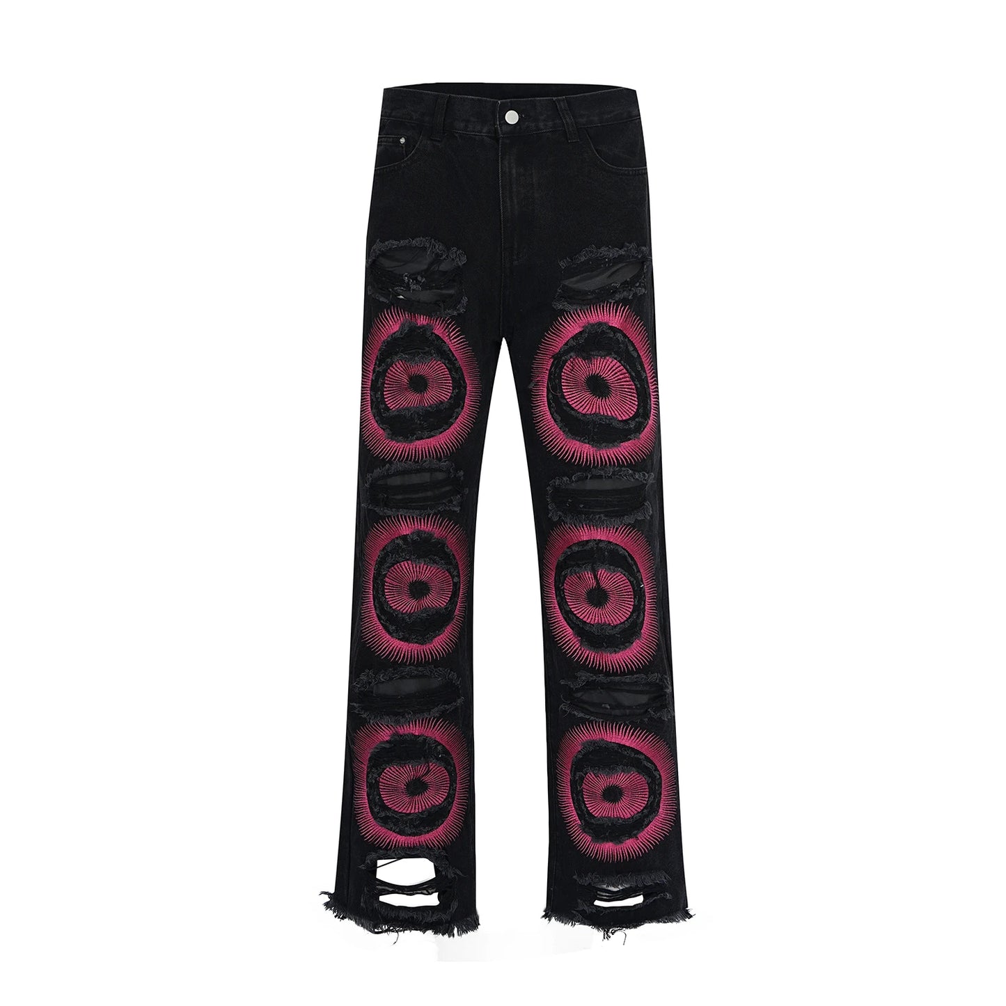 y2k streetwear embroidered ripped wide jeans for men washed destroyed torn flared jean male tassels hip hop jeans pants baggy ripped baggy denim