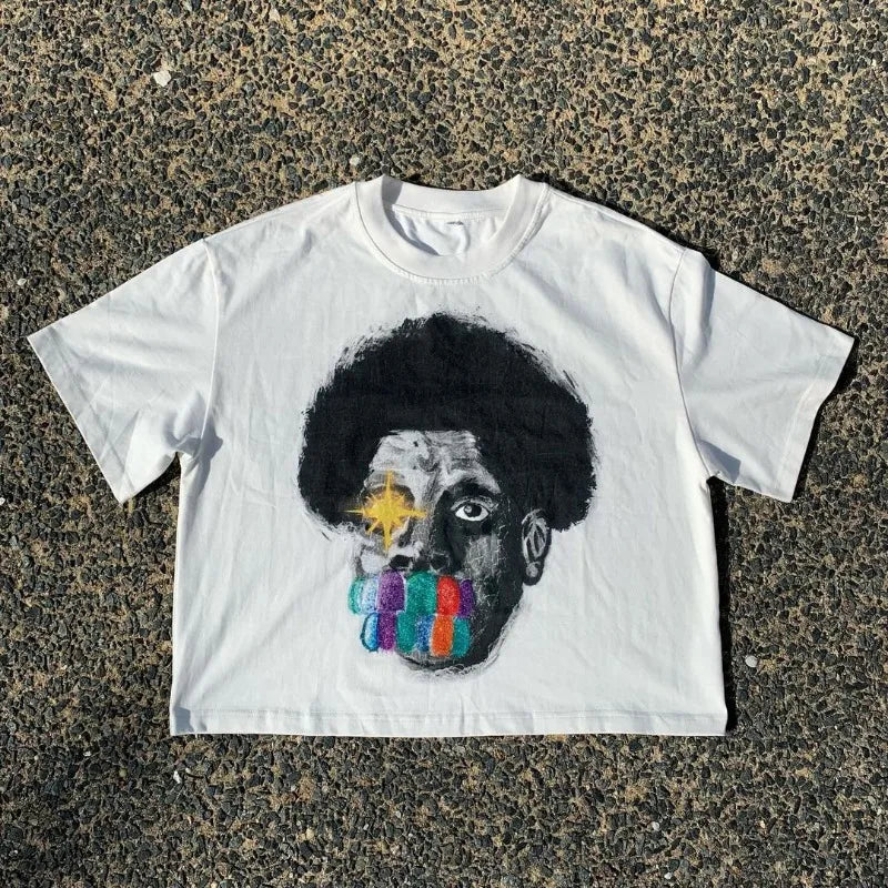 Summer American High Street Fashion Brand Round Neck Short-sleeved Y2k Harajuku Retro Anime Print Oversized Couple T-shirt Top Street King Limited