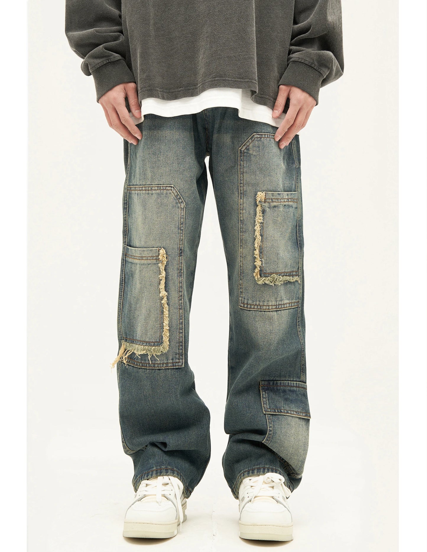 retro washed denim jeans destroyed ripped loose mens biker jeans side pocket fashion streetwear hip hop straight pants joggers unique joggers style 1195