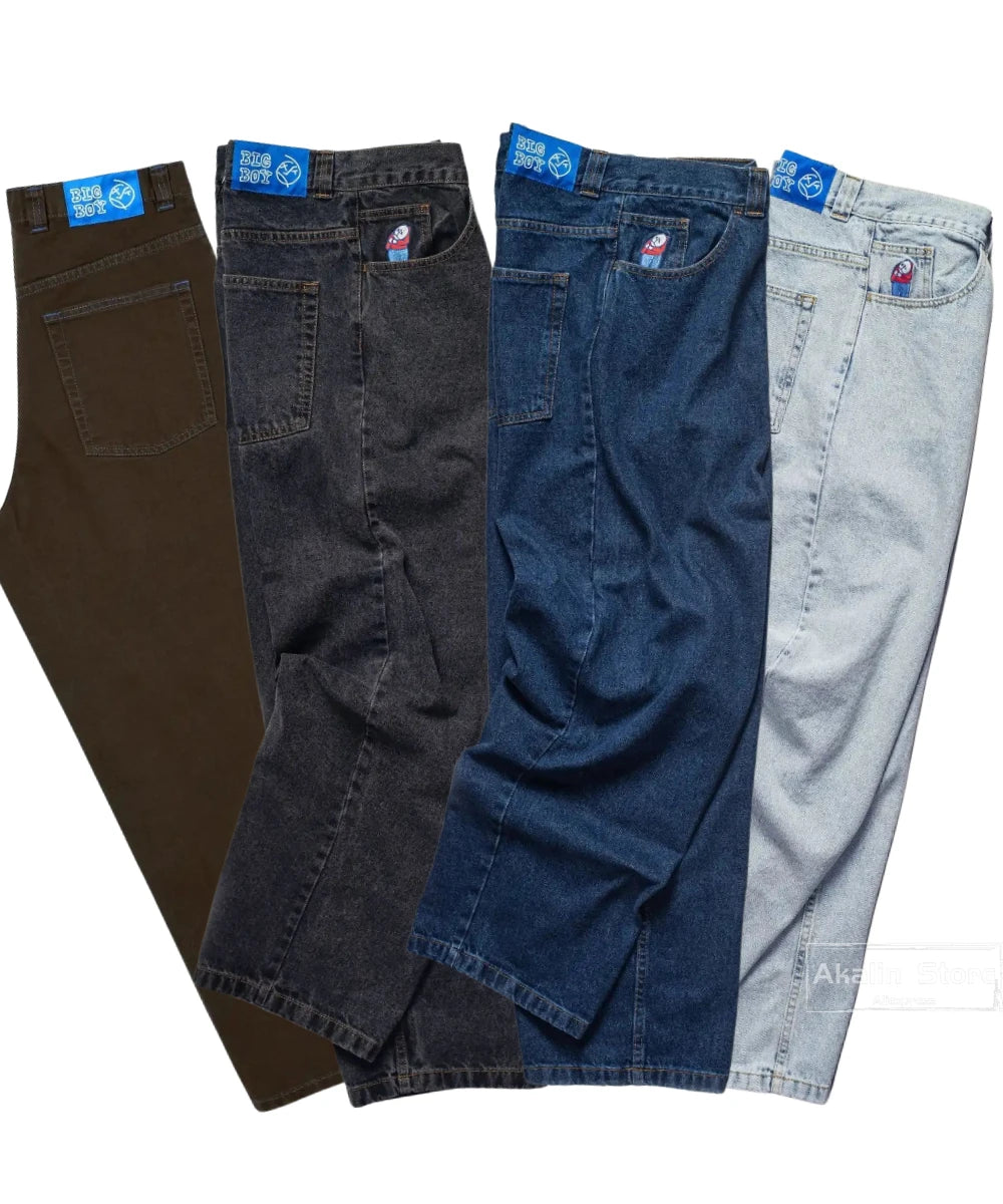 hip hop polar big boy jeans streetwear cartoon embroidery y2k pants vintage blue baggy jeans mens womens high waist wide trouser stacked flare jeans