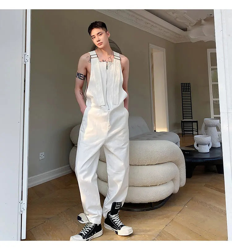 Trendy Men's Shoulder Strap Jumpsuit Pants Washed Loose Fitting Workwear Pants Multi Pocket Streetwear Cargo Suspenders Pants Street King Limited