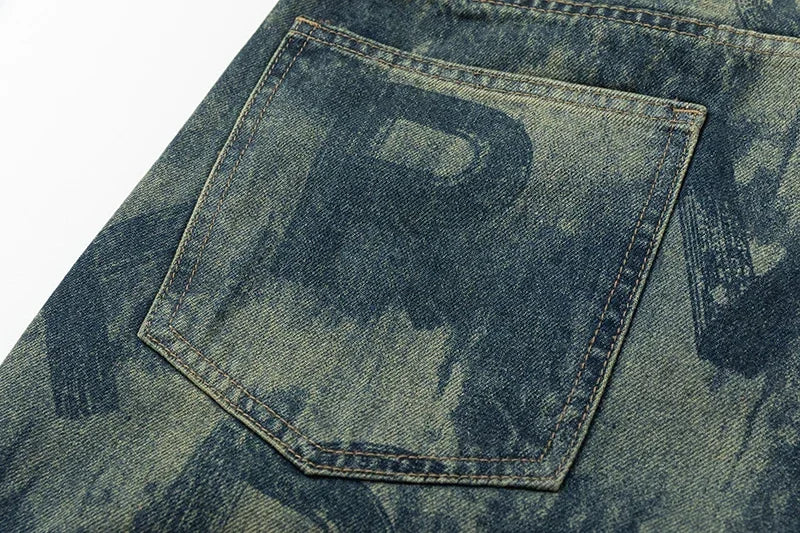 men loose casual american high street hip hop vibe printed denim baggy jeans pants man streetwear ripped jeans trousers unique jeans style 2968