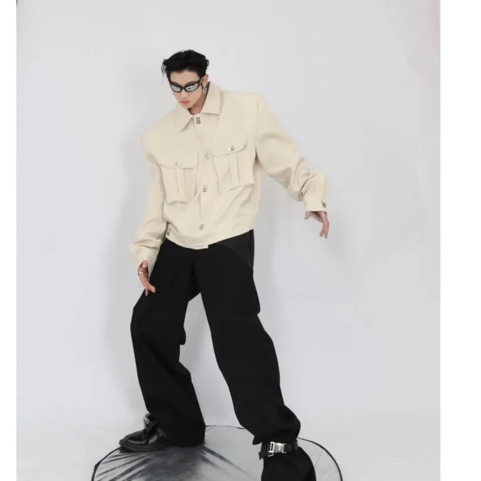 trendy high street jacket mens unisex metal button shoulder pad short coats multi pocket punk hip hop loose outwear oversized unique shorts style 3537