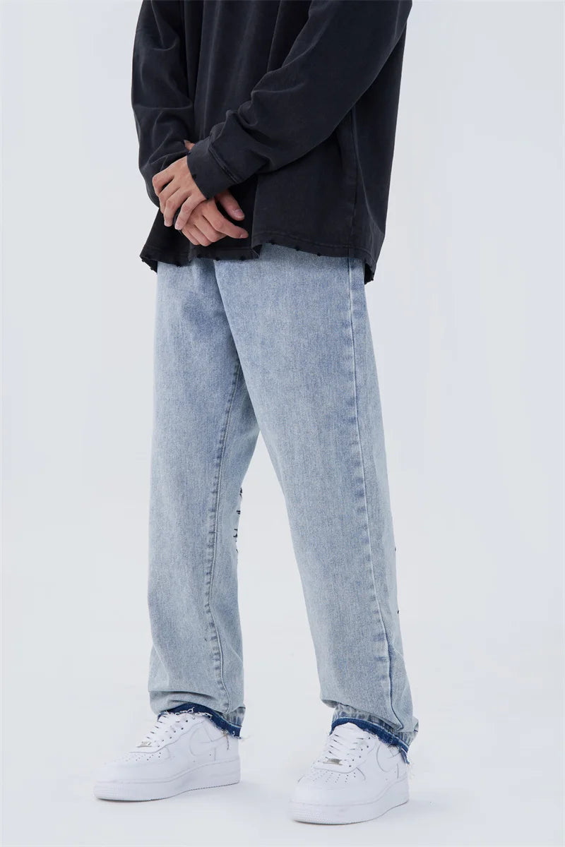 fashion back letters embroidery denim jeans mens casual zipper straight harajuku jean trouser hip hop streetwear pants joggers unique joggers style 4446