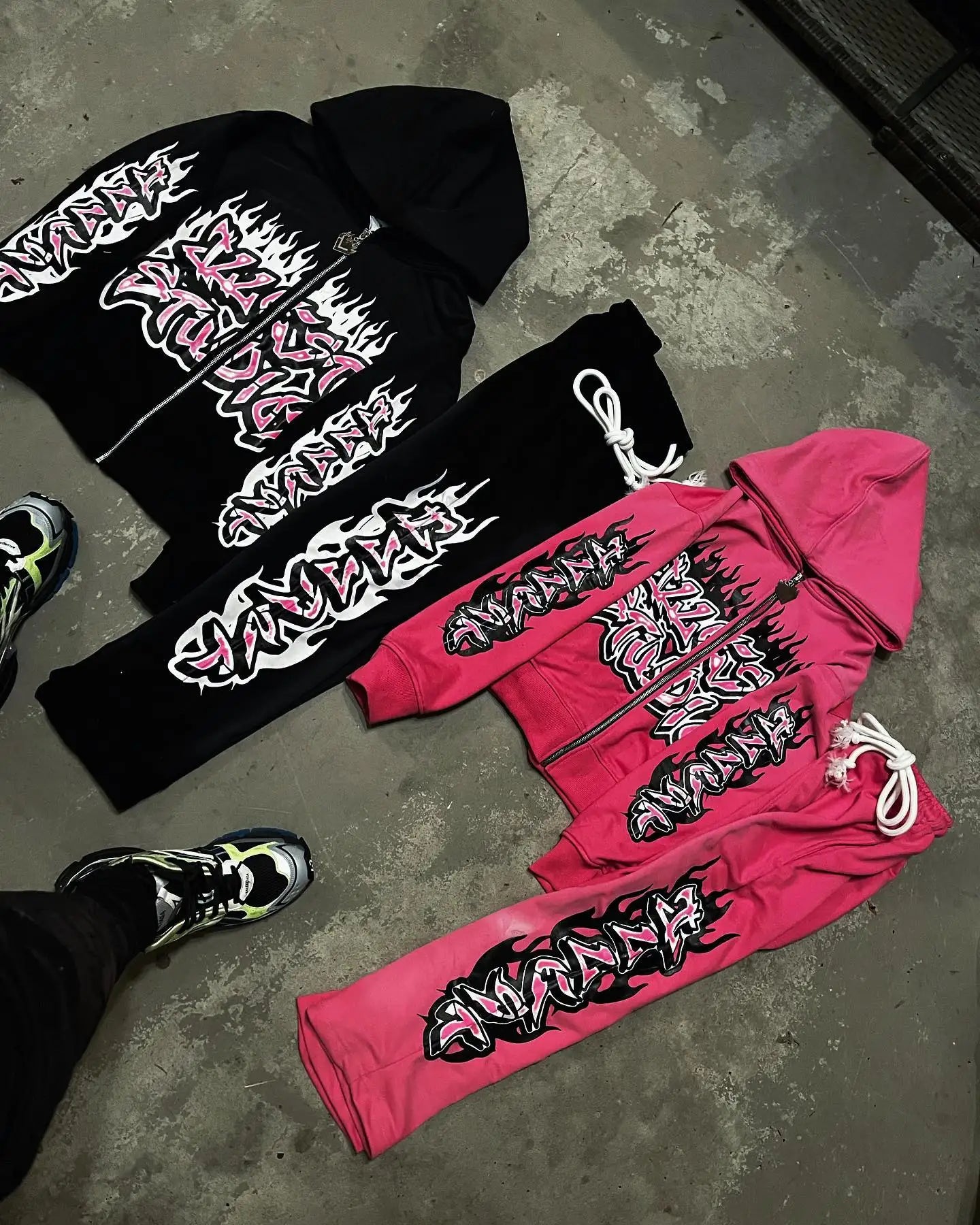 American Gothic Trendy Gothic Letters Printed Oversized Sweatshirt Set Men's Fashion Casual Loose Pants Zippered Sweatshirt Street King Limited