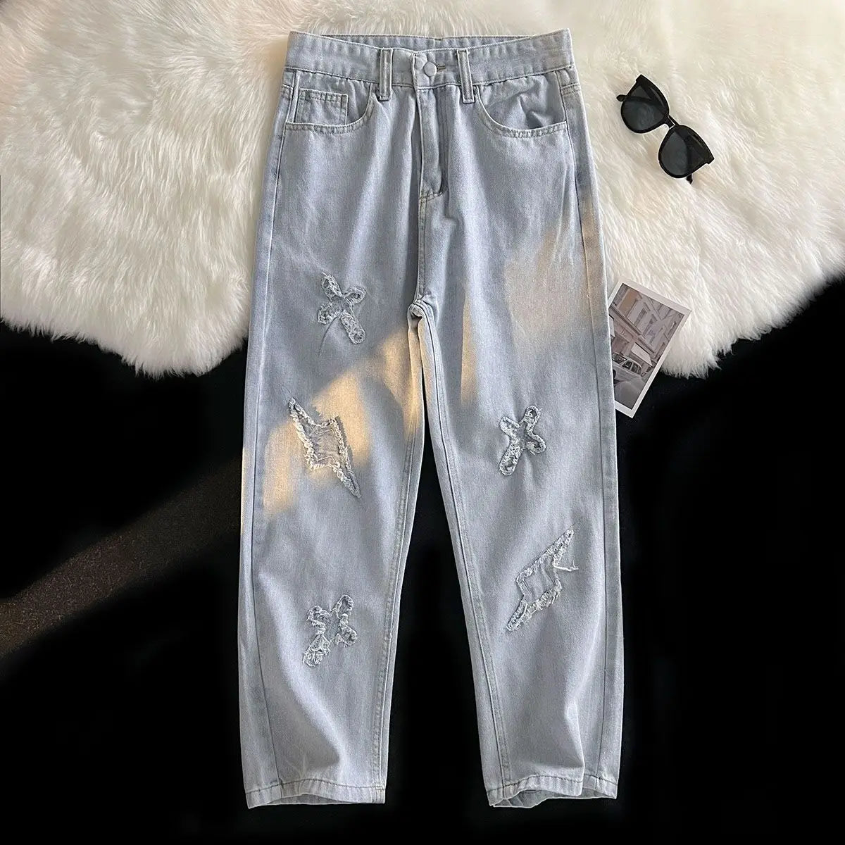 Korean Street Style Retro Pants Raw Edge Cross Jeans Design Y2K Personality Men and Women Niche Hip-hop Loose Sports Jeans Street King Limited