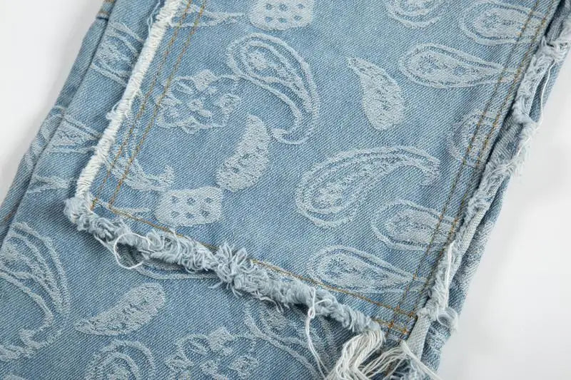 vintage high street washed light blue flared jeans cashew flower jacquard pattern rough edge jeans pants for men and women unique jeans style 930