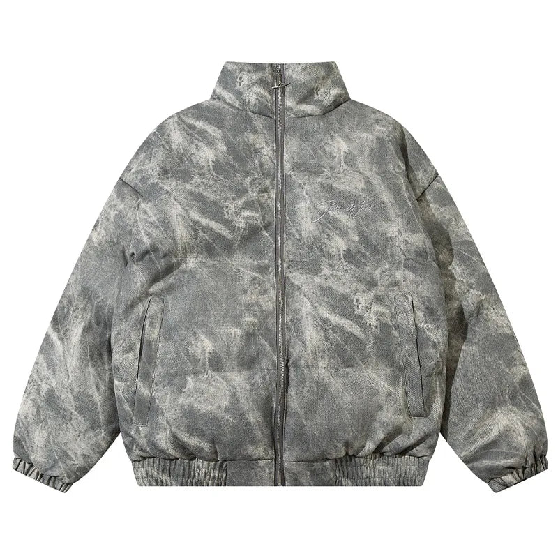 Men Padded Jacket Tie Dye Thickened Stand Collar Bubble Coat American Street Retro Parka Loose Casual Warm Outwear Unisex Street King Limited
