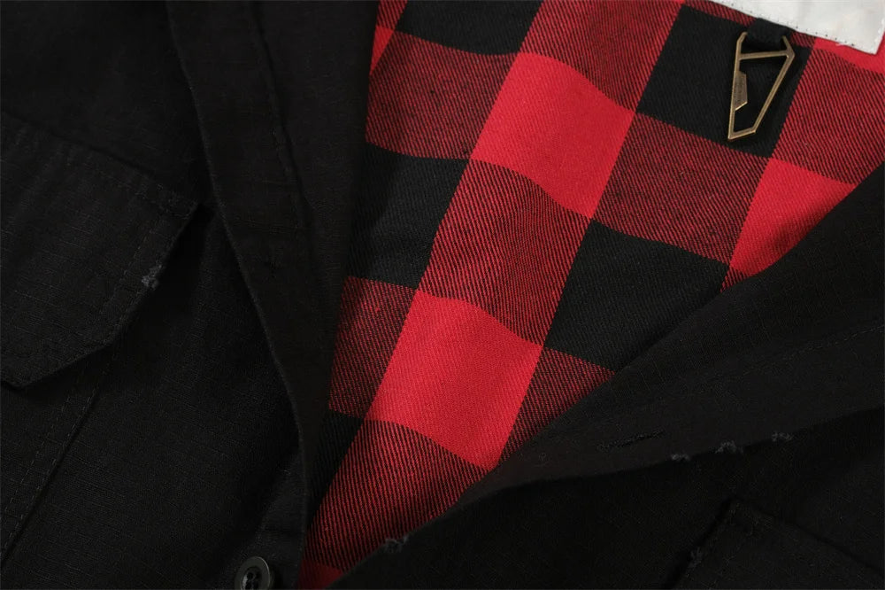 Undermycar 2023 New Worn Out Heavy Work Durable Splice Extra Large Loose Plaid Shirt with Black and Red Plaid Street King Limited