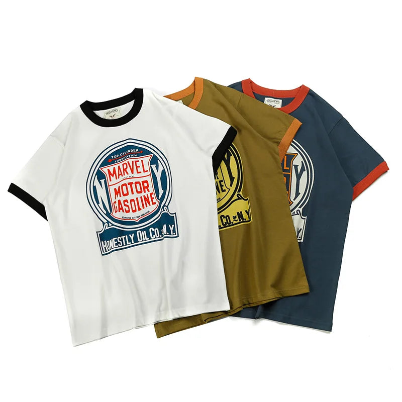 Summer Men'S Short Sleeved New Cotton Letter Printing Locomotive Element Thread Color Matching Round Neck Casual T-Shirt Street King Limited