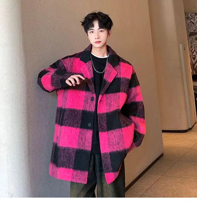 plaid woolen trenchcoat men autumn winter fashion retro streetwear suit collar loose casual trendy trench coat outerwear unique default style 1199
