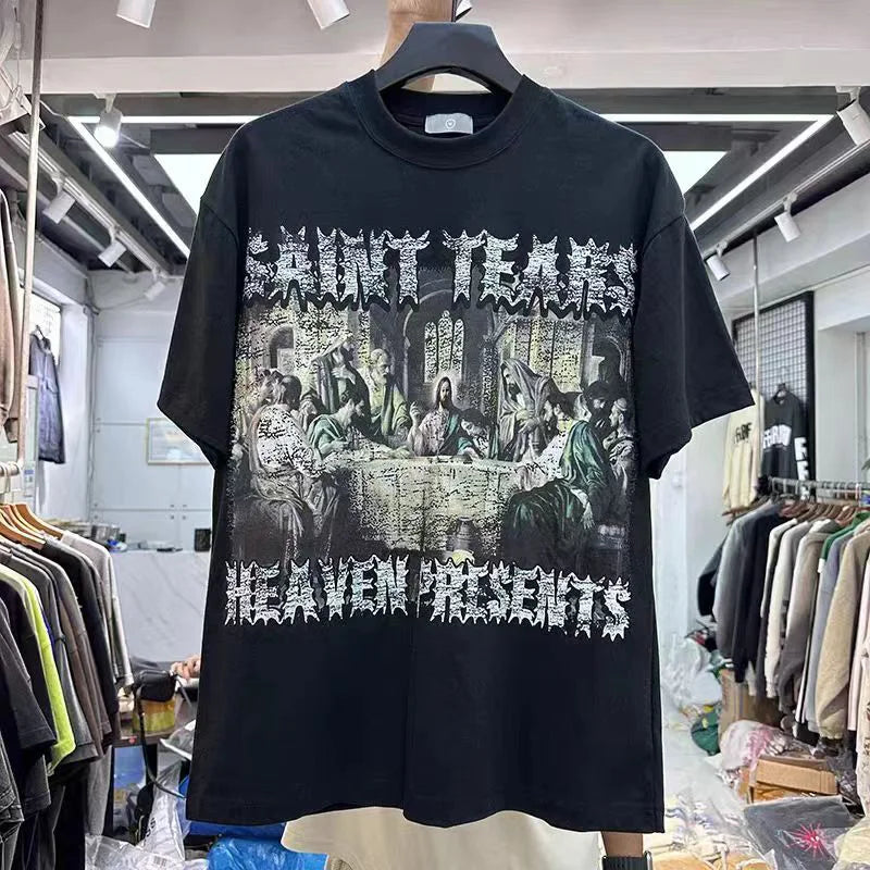 Summer New Chaopai Boxer Letter Print T-shirt Men Woman 1:1 Best Quality Loose Versatile Vintage O-Neck Tops Tee Street King Limited