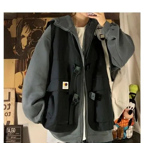 Fake two-piece coat men's ins, trendy Japanese functional workwear hooded jacket, autumn European and American retro trend tops Street King Limited