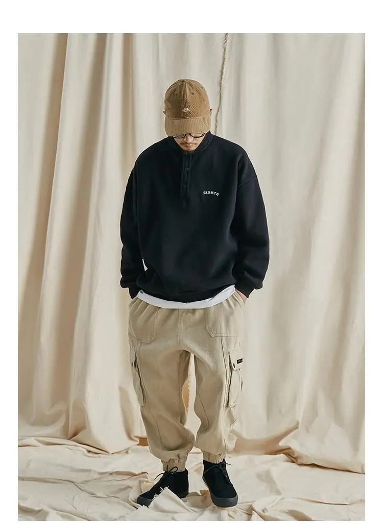 Trendy brand sweatshirt men's Japanese style loose stand collar hoodless pullover long sleeve versatile autumn and winter style Street King Limited