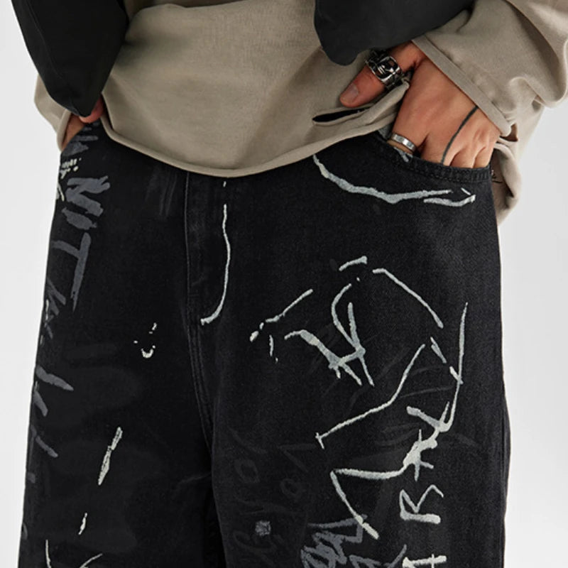fashion graffiti printed denim jeans men unisex casual zipper wide legs straight jeans streetwear hip hop baggy pants joggers urban active pants