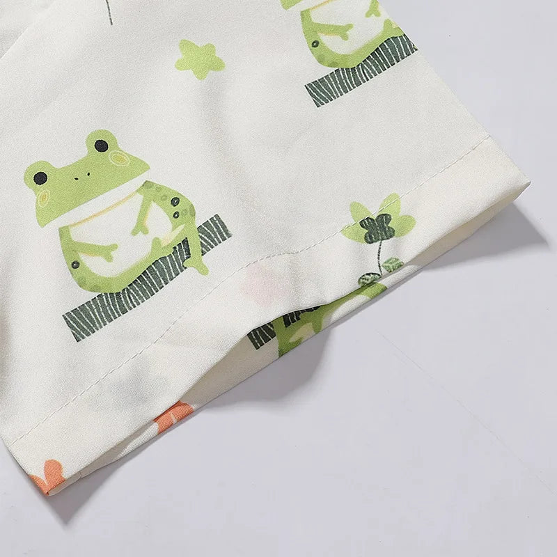 Men Shirts Frog Flower Print Cute Clothing Button Stylish Casual Tops Hawaiian Holiday Tops Unisex Summer New Style Street King Limited