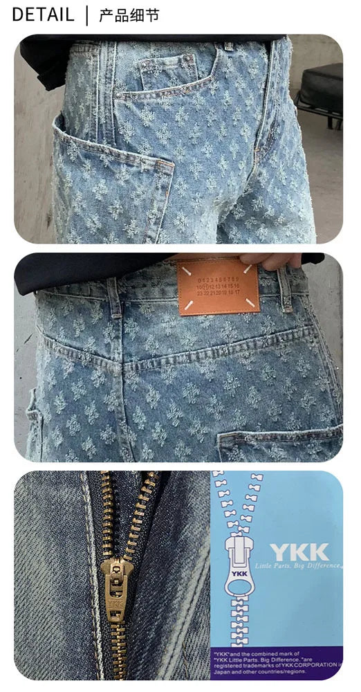men brand fashion loose casual splice pocket jacquard vintage wide leg baggy jeans cityboy denim baggy jeans pants trousers unique jeans style 2848