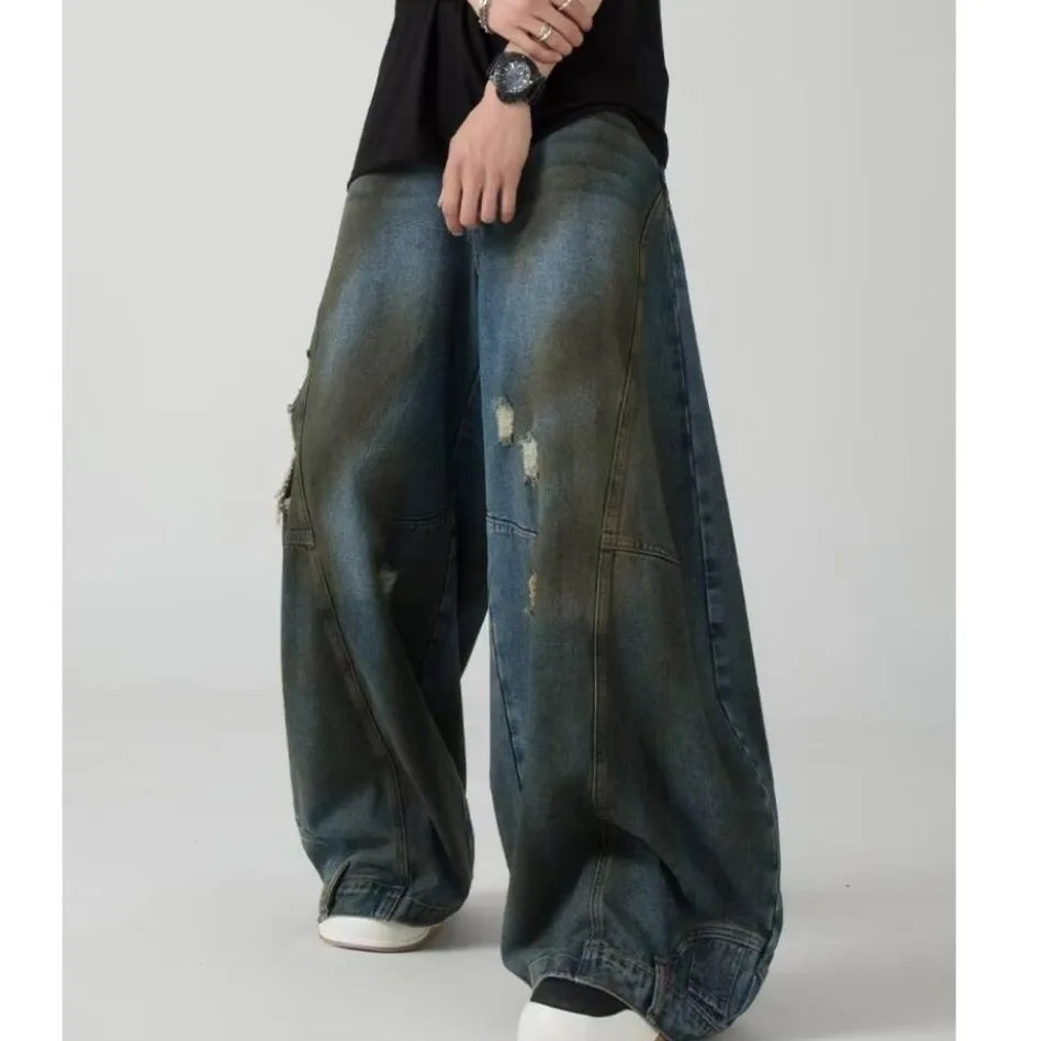 Summer High Street Hip Hop Jeans Mens Halo Dye Hole Washed Straight Denim Pants Loose Silhouette Retro Micro Flared Trousers Street King Limited