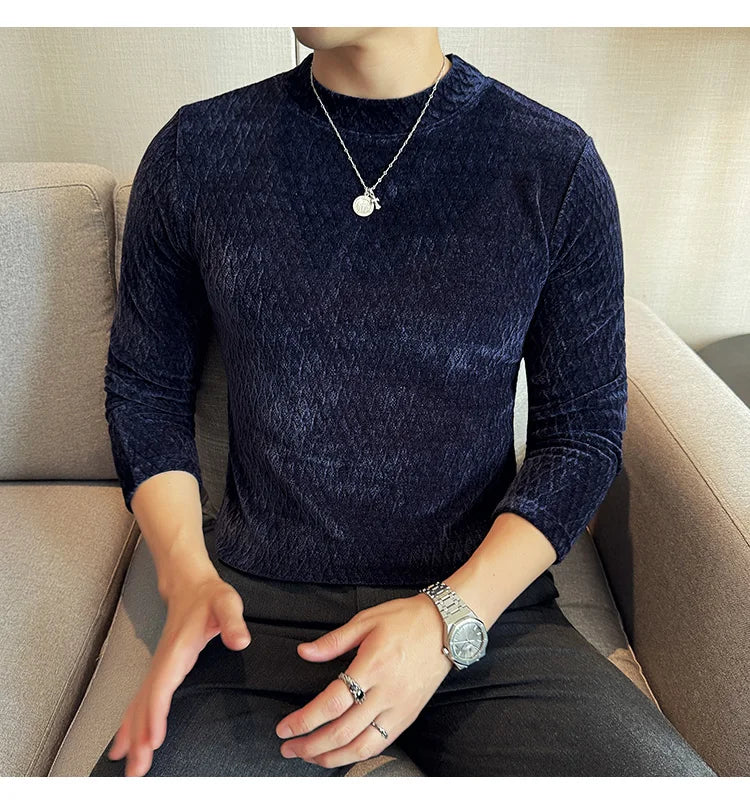 Autumn Winter Semi-turtleneck Stretch Slim Fit Long Sleeve Tshirt Men Thicken Velvet Jacquard Casual T-shirt Bottom T Shirt Street King Limited
