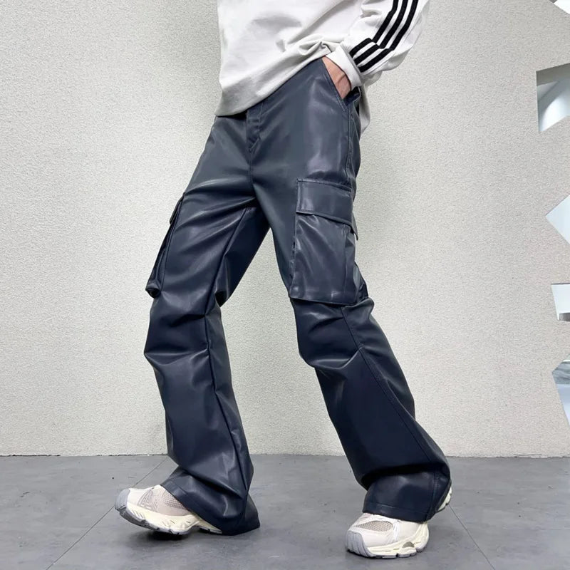 pu leather pants mens streetwear fashion hip hop vibe casual faux leather cargo flared pant men motorcycle trousers unique cargo style 2934